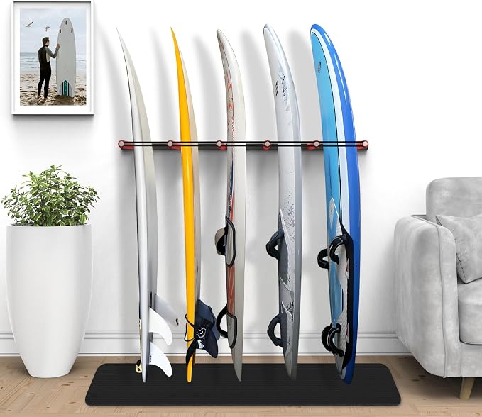 2025 Upgrade Surfboard Wall Mount, Surfboard Rack with Rubber Mat & Bungee Cord, 6 Arms Vertical Surfboard Wall Rack Garage Storage for Wall Holds 5-6 Boards