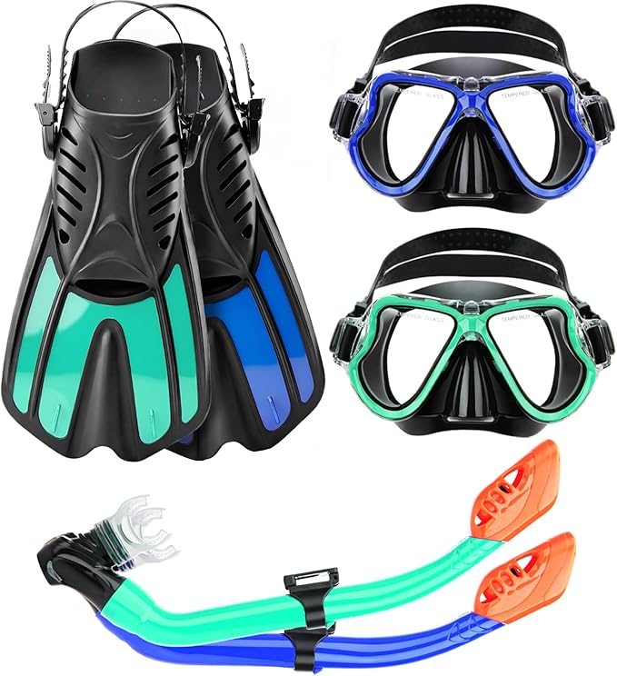 Snorkeling Gear for Kids, 4 in 1 Child Mask Fins Snorkel Set with Panoramic View Anti Fog Mask, Dry Top Snorkel, Trek Fins and Travel Bag, Kids Snorkeling Set with Fins for Snorkeling Swimming