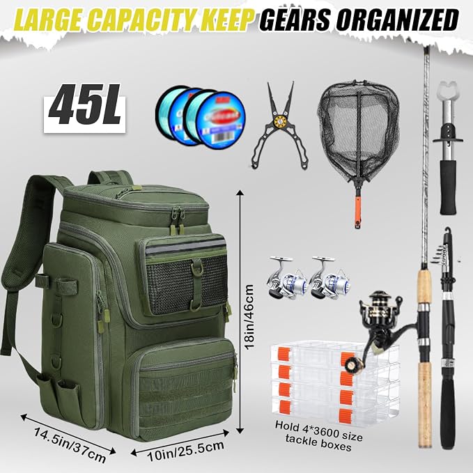 HAMBOLY Fishing Backpack 45L with Rod Holders, Water-Resistant Tackle Backpack for Fishermen, Large Capacity Fishing Gear Bag for Travel Hiking Camping
