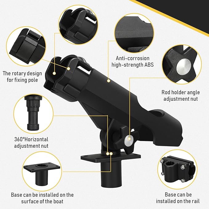 Threlaco Fishing Rod Holder for Boat Adjustable Rod Racks with Side Mount Bulk Swivel Pole Holders for Boats with Combo Mount, Fishing Accessories, Black