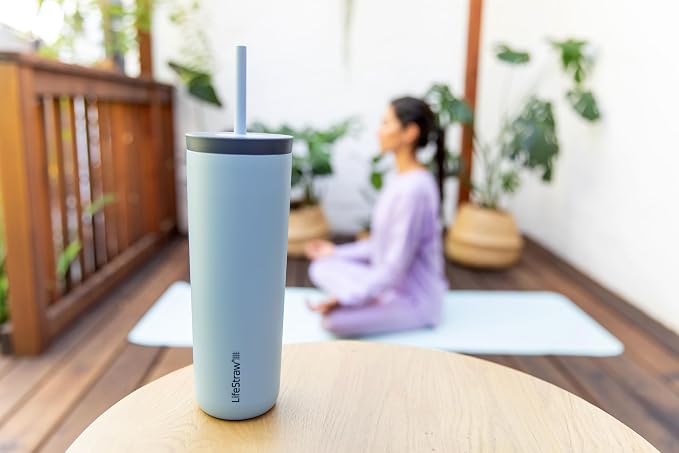 LifeStraw Go Series Tumbler – Double Wall Insulated Stainless Steel Water Filter, Icelandic Blue, Designed for Everyday Use, Removes Bacteria, Parasites, Microplastics, and Improves Taste