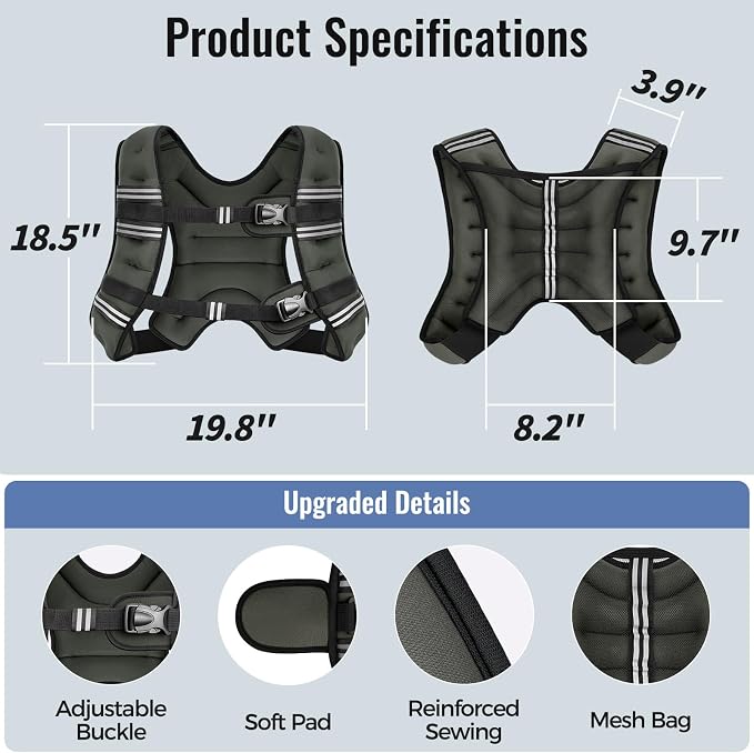Zeerun Weighted Vest, 6lb/8lb/10lb/12lb/15lb/18lb/20lb/24lb/30lb for Men Women, Reflective Stripe Adjustable Buckle, Comfortable Durable Rucking Vest for Walking Running Strength Training