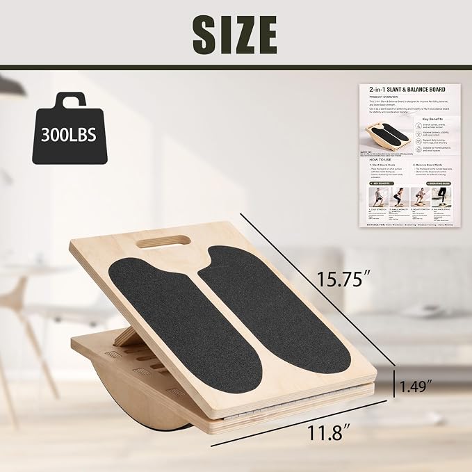 Wooden Slant Board for Calf Stretching and Achilles Stretch, 2-in-1 Adjustable Calf Stretch Board & Balance Board for Ankle Mobility, Physical Therapy and Stability Training