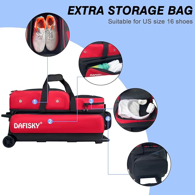 DAFISKY 3 Ball Bowling Bags with Wheels, Roller Bowling Bag with Multiple Pockets Retractable Handle Extends to 38‘’
