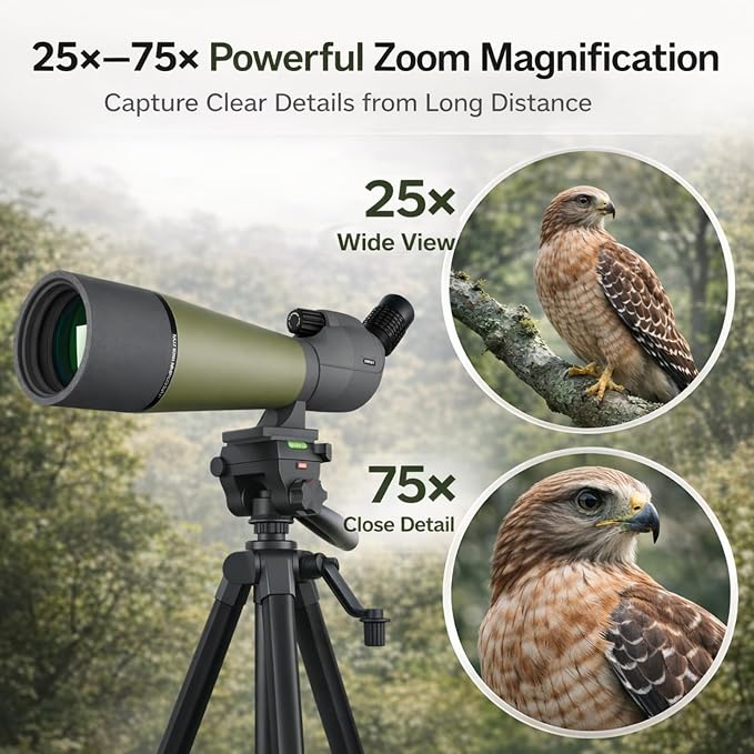 NWDEY Spotting Scope 25-75x80, BAK4 Prism FMC Optics, Waterproof Spotting Scope with Upgraded Tripod, Phone Adapter and Carrying Case for Bird Watching, Target Shooting, Wildlife Viewing