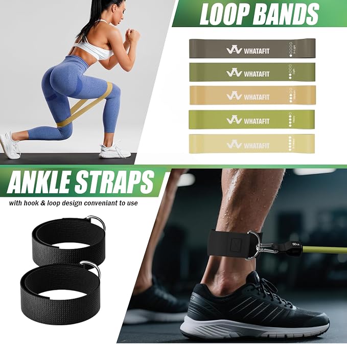 WHATAFIT Resistance Bands, Exercise Bands, Workout Bands with Handles, Door Anchor and Ankle Straps, 5 Resistance Levels Fitness Bands for Strength Training, Physical Therapy, and Home Gym Equipment