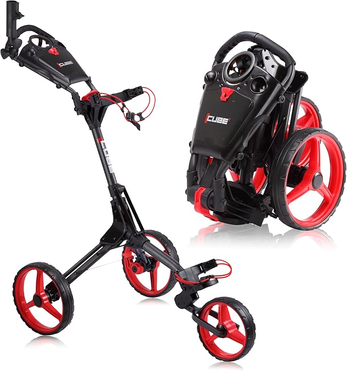 CUBE CART 3-Wheel Golf Push Cart – Ultra-Compact 14.5 lb Folding Golf Trolley, Two-Step Fold, Adjustable Handle, Foot Brake, Umbrella Holder & Built-in Storage