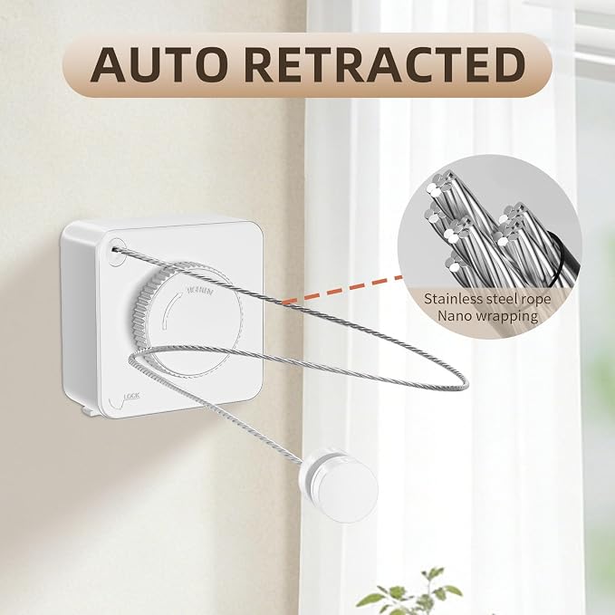 Anti-Sag Retractable Clothesline 40LB Capacity - 201in Stainless Steel Laundry Line for Indoor Outdoor, Wall Mounted Space Saving Easy Install (White, Single line)