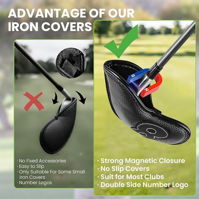 Strong Magnetic Golf Iron & Wedge Headcovers Value 10 Pack, Black Durable PU Leather with Embroidered Numbers for Easy Identify, Premium Covers with Effective Protection for Club