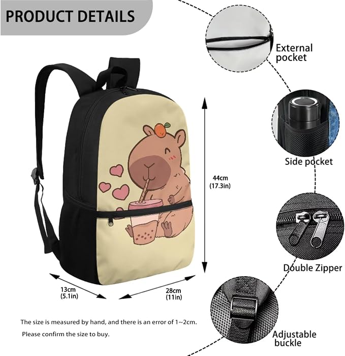 Capybara Backpack for School Kids Bookbag with Lunch Box Set Gilrs School Bag with Lunch Bag Pencil Case Water Bottle Holder 4 PCS Back to School Accessories