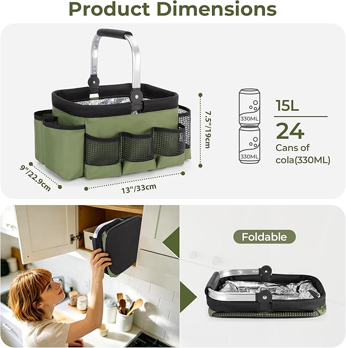 PGmoon Grill and Picnic Caddy, Foldable BBQ Tool Caddy with Rotated Handle, Multi-Pocket Grill Utensil Storage Bag for Outdoor Camping Picnic Patio Barbecue Accessories, Green