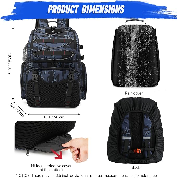 RUCYEN Fishing Backpack, 45L Large Cooler Fishing Tackle bag with Rod Holders & Rain Cover, Water-resistant Store Fishing Gear