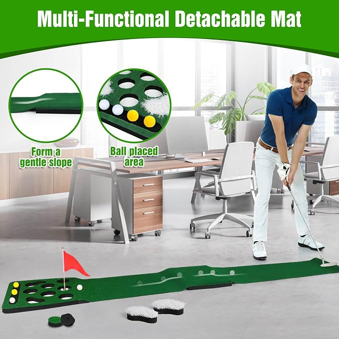 Golf Putting Game Set, Detachable Golf Putting Green Mat with 4 Balls, 2 Cups & Flags, 1 Portable Bag for Indoor & Outdoor Party Game Use