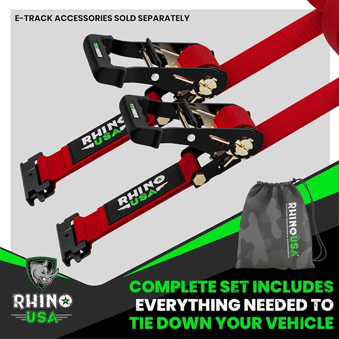Rhino USA E Track Ratchet Tie Down Straps (4,500lb Break Strength) - Includes (2) Premium 2" x 16' eTrack Tie Downs - Ultimate Heavy Duty eTrack Cargo Strap System for Trailer, Truck, Motorcycle
