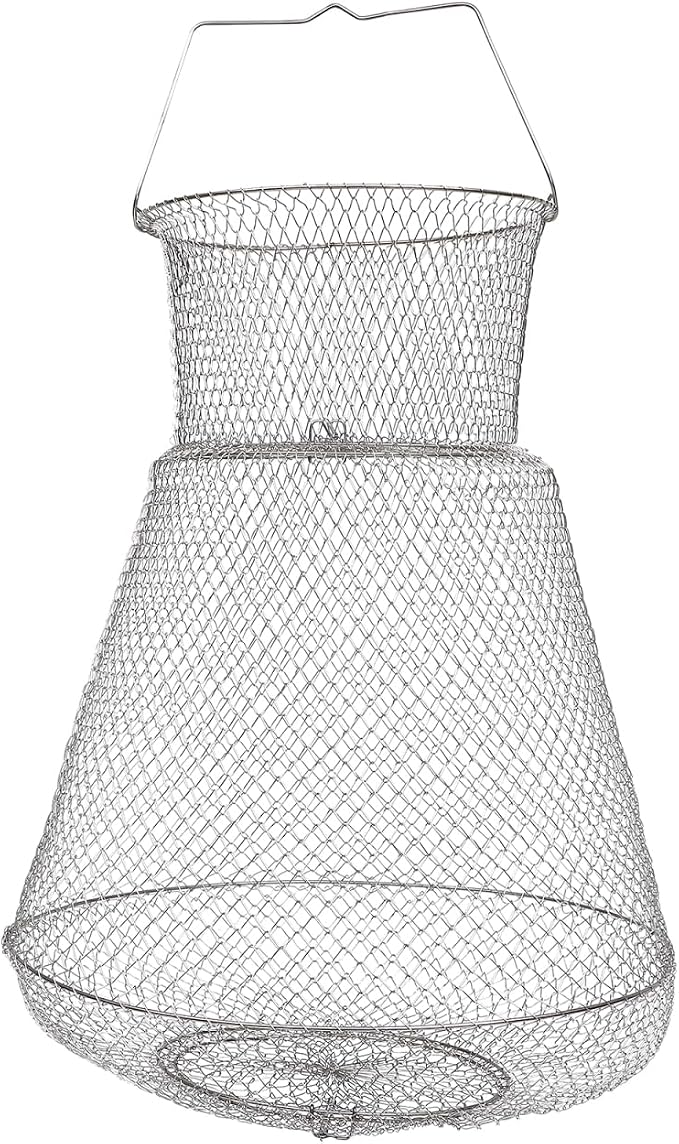 Extra Large Wire Fish Basket, 28X18 inches Fishing Net Cage Collapsible, Crabs Basket Trap Holder for Live Caught Fish, for Seawater, River, and Boat Fishing, Stainless Steel Galvanized, Silver