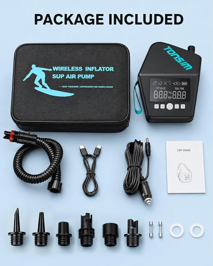 Tonsim Electric Paddle Board Pump Rechargeable 20 PSI, 15600mAh Cordless SUP Pump with 4 Modes, Dual-Stage Inflation & Deflation, Auto-Off, 12V DC Car Connector, LED Light, Black
