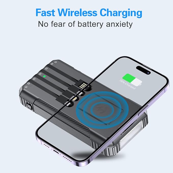 DJKK Solar Power Bank Wireless Charger 52800mAh Built in 4 Cables and LED Camping Lights 22.5W Fast Charging Power Bank 7 Outputs 4 Inputs Portable Charger Compatible with All Mobile Devices (Black)