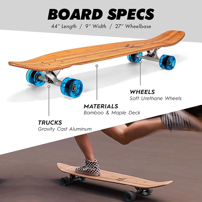 Magneto 44" Bamboo Longboard and 27.5" x 7.75" Maple Double Kick Skateboards for Beginners, Teens & Adults