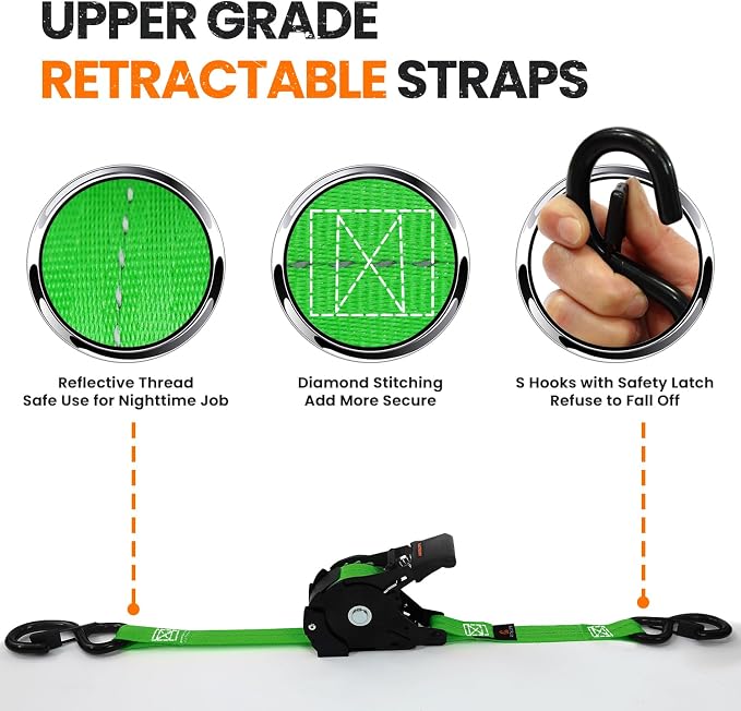 Retractable Ratchet Straps (4 PK), 1" x 12 ft Auto Retract Tie Downs, Automaitc Ratchet Strap, 1500lb Break Strength AutoRetract Self Retracting for Motorcycle, Truck, Cargo, Trailer, ATV, UTV -Green
