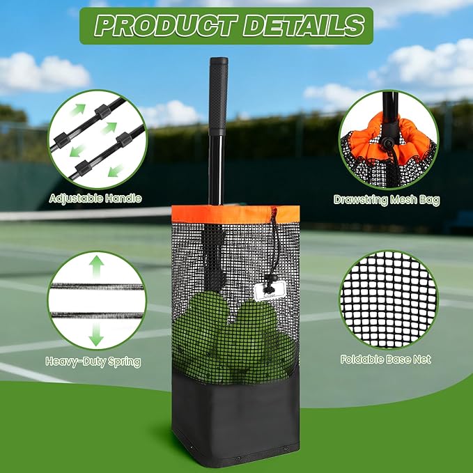 Tennis Ball Hopper & Pickleball Picker Upper, Ball Collector Hopper Holds 60 Tennis Balls or 50 Pickleballs, Adjustable Handle, Heavy-Duty Spring Ball Retriever for Training & Court Practice