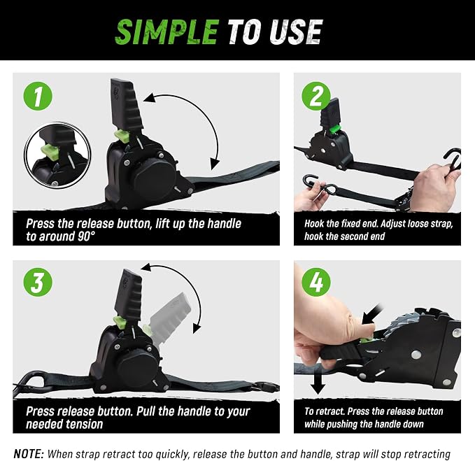 Retractable Ratchet Straps(4 Pack) - 1in x 10ft Self Retracting Ratchet Straps with Soft Loops, 1,500 lbs Break Strength Retractable Tie Down Straps, Easy Retract for Motorcyle, Cargo, Truck, Trailer