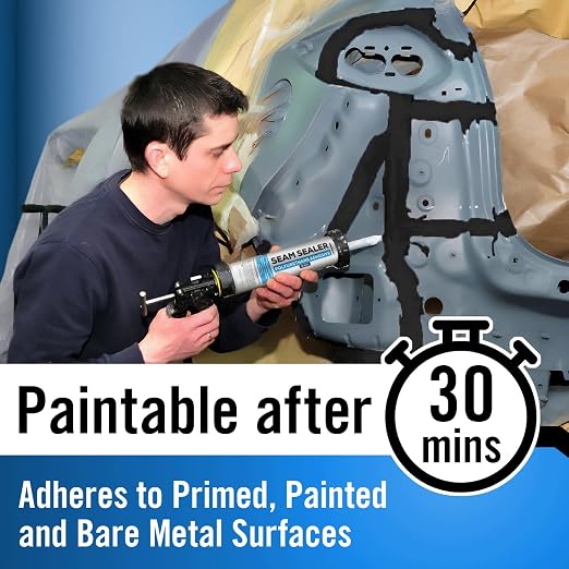 [2 Pack] Polyurethane Seam Sealer Automotive Compound Black — Paintable Auto Body Seam Sealer, Won't Shrink or Crack, Flexible Joint Filler for Bare & Painted Metal, RV Roof Sealant with Gloves, 10oz