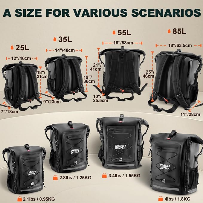 OSAH DRYPAK Waterproof Backpack Dry Bag 35L/55L/85L – Heavy Duty Roll-Top Hiking Backpack for Travel, Kayaking, Boating, Camping, Rafting and Fishing