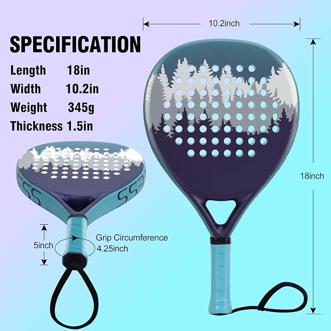 Padel Racket, Carbon Fiber Surface with EVA Memory Flex Foam Core, Shock Absorption Large Sweet Spot, Lightweight Pala De Padel for Beginners & Intermediate