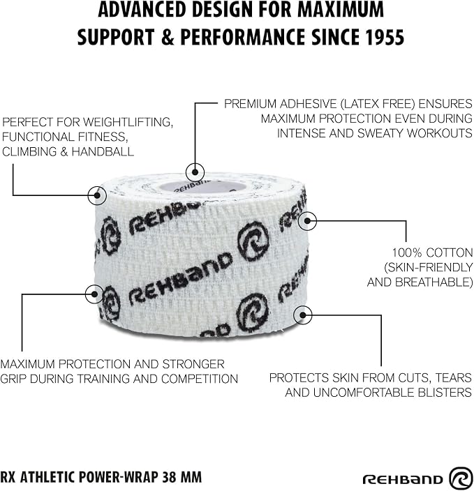 Rehband Non-Slip Athletic Hook Grip Tape, Thumb Tape Crossfit, Powerlifting & Weightlifting Tape - Hookgrip Tape Protects Fingers Against Blisters