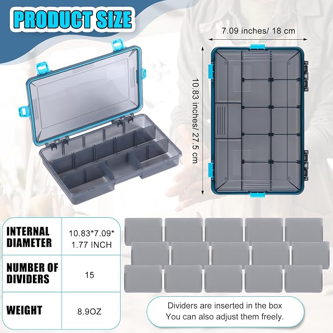 Wonderjune 12 Pack Fishing Tackle Boxes Waterproof 3600 and 3700 Tackle Trays with Removable Dividers Plastic Storage Organizer Bait Vault Camouflage Box for Freshwater Saltwater (Blue,3600)