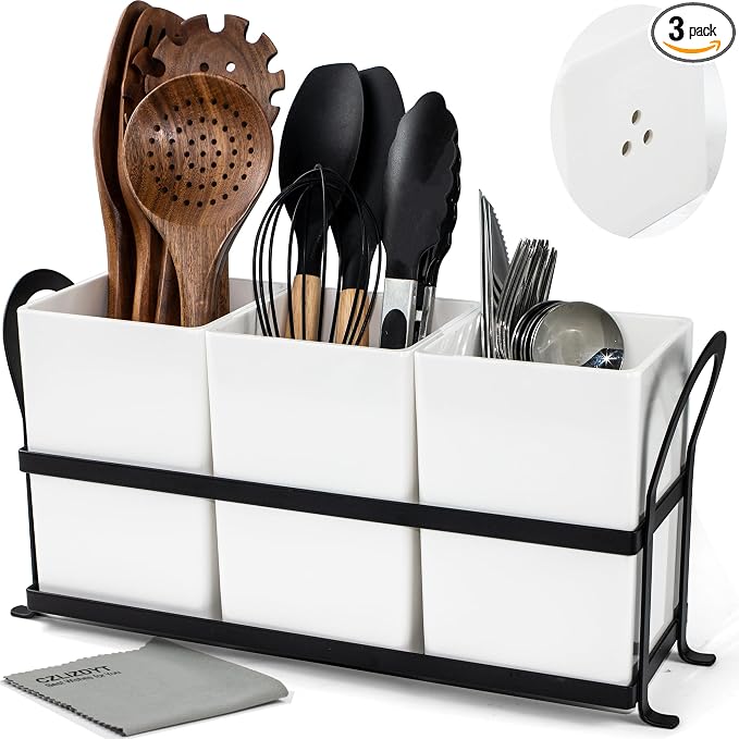 Czlizdyt Large Kitchen Utensil Holder, Drainage Utensil Caddy for Countertop, 3pcs Bins Set Cooking Utensil Organizer for Spoons, Spatulas, White