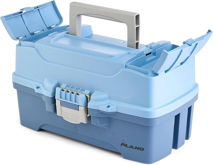 Plano Catch All Two-Tray Tackle Box Kit, Light Blue/Dark Blue, Rust-Proof Brass Latch, Top-Access Tray with Deep Storage, Made in the USA, Portable Fishing Gear Storage Organizer