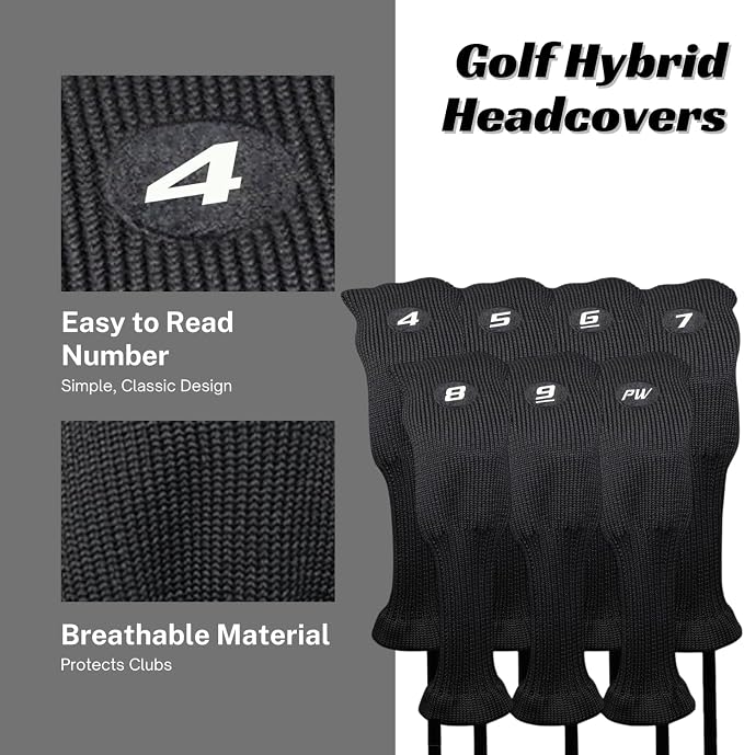 Majek All Hybrid Head Cover Golf Club Black Sleek Tight Fit Headcover Set 4-PW Acrylic Head Covers 4 5 6 7 8 9 PW Easy to See Large White Embroidered Numbers