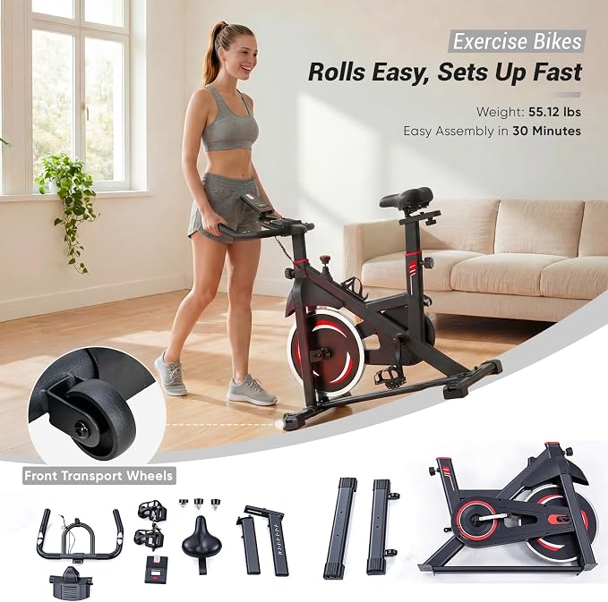 OLIXIS Exercise Bike with APP Control, Brake Pad Stationary Bikes with Quiet Magnetic Resistance, Indoor Cycling Spin Workout Bike with 300.0 lbs Weight Capacity,Orange/Red/Blue