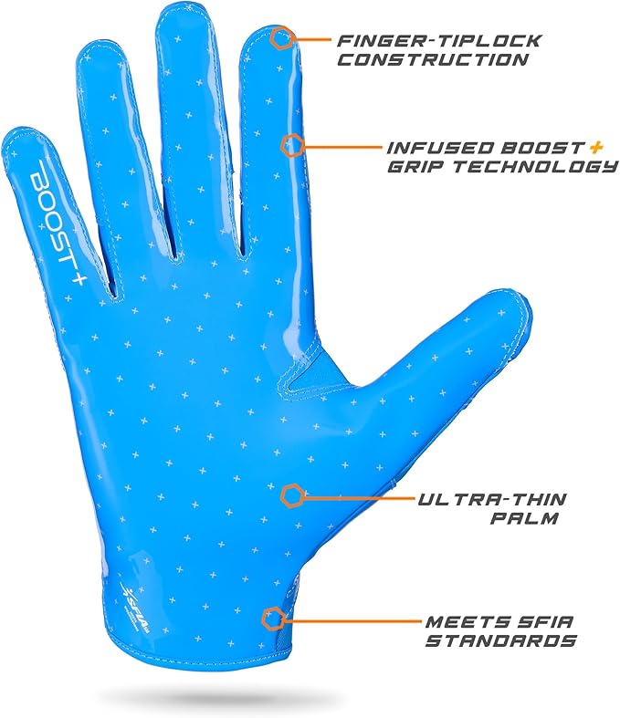 Grip Boost Football Gloves - Solid Stealth 6.0 Boost Plus Sticky Technology - Adult and Youth Football Gloves for Wide Receiver - Men's and Boys Sizes