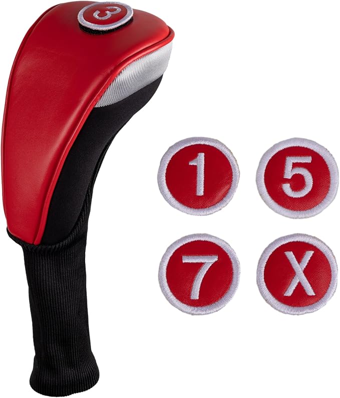 Andux 3pcs/Set PU Golf Wood Club Head Covers with Long Neck | for 460cc Driver Fairway Wood Club with Hook & Loop No. Tags Coloured Piping Pull-On Closure