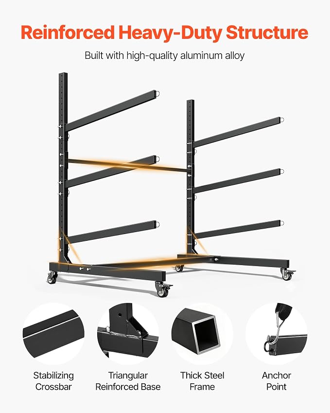 VEVOR Kayak Storage Rack, Heavy Duty Adjustable Freestanding Stand with Lockable Wheels for Indoor Outdoor Garage Shed Dock, Holder for Canoe, SUP, Surfboard & Paddleboard