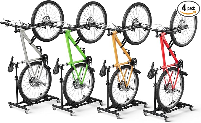 Vertical Bike Stand, (4 Pack) Space Saving Indoor Bicycle Storage Rack with Wheels for Garage & Apartment, Freestanding adjustable Holder Fits Most Road, Mountain & Hybrid Bikes up to 29"