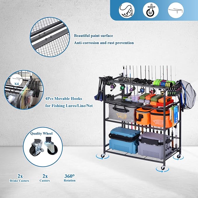 Fishing Rod Holder for Garage, Fishing Pole Holders for 15 Rods 38 * 17", Fishing Rod Rack Basement, Fishing Pole Rack Metal Black with Big Wheels, 4-Tier
