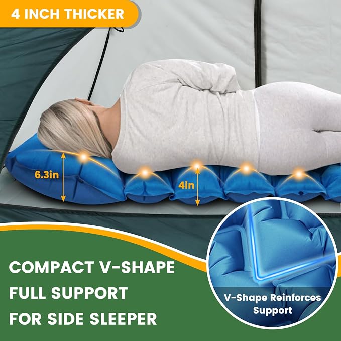 Sleeping Pad for Camping 2 Person, Double Camping Pad with Built-in Foot Pump and Pillow, Inflatable 4in Extra-Thick Ultralight Air Mattress for Backpacking, Hiking, Travel, Tent, Car, Gift