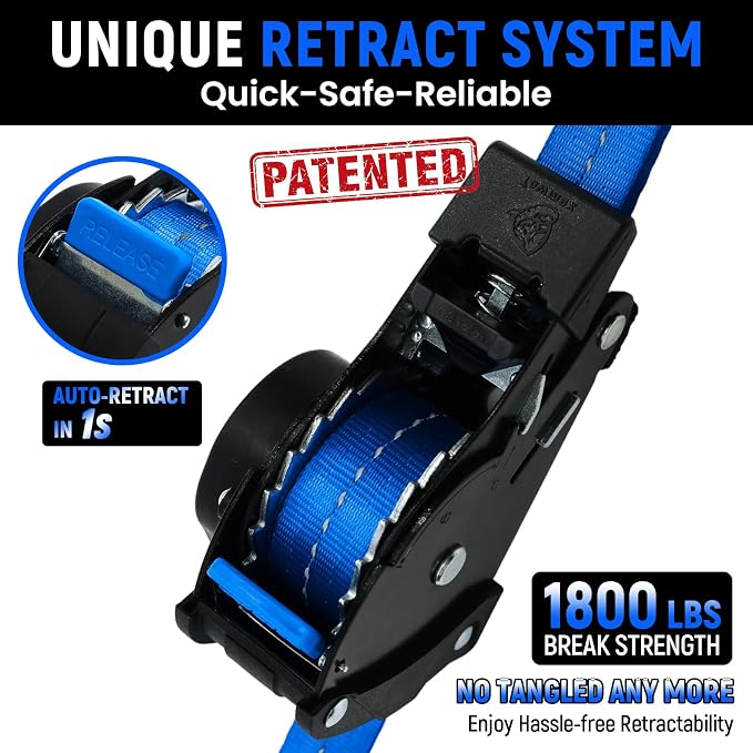 Retractable Ratchet Straps (Patented-2pack) - 1 inch x 10Feet (1,800lb Break Strength) Auto Self Retracting Tie Down Straps - Self Retractable Straps with Refletcive for Motorcyle, Truck or Cargo