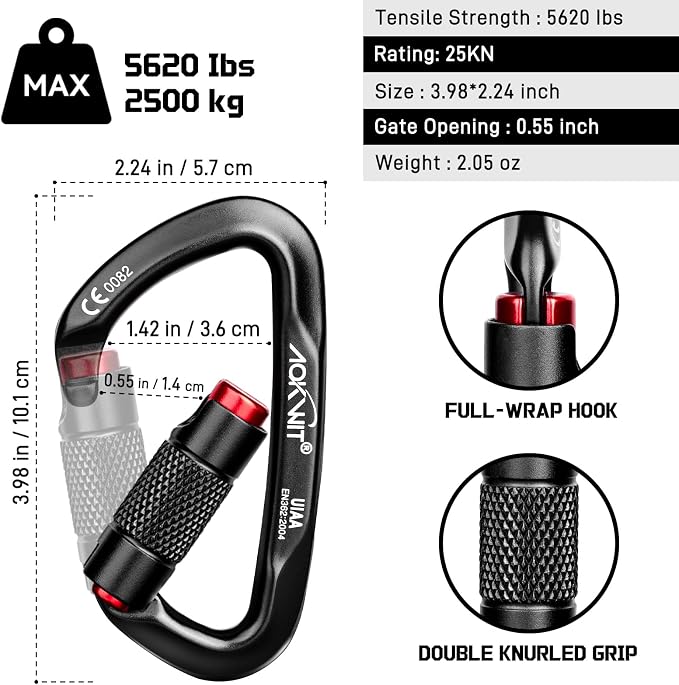 30KN Auto Locking Carabiner Clip Twist Lock UIAA Certified Large Climbing Carabiner Heavy Duty Carabiner for Rock Tree Climbing Rappelling Mountaineering Caving Rescue Arborist Aerial Yoga
