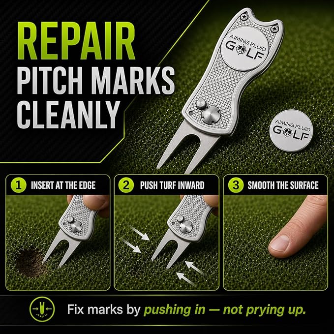 Golf Divot Repair Tool — 5-in-1 Golfing Ball Marker, Pitch Mark Repair, Putting Alignment, Club Tee, and Groove Cleaner, Accessory Metal Switchblade Design - Ideal Gift for Golfers