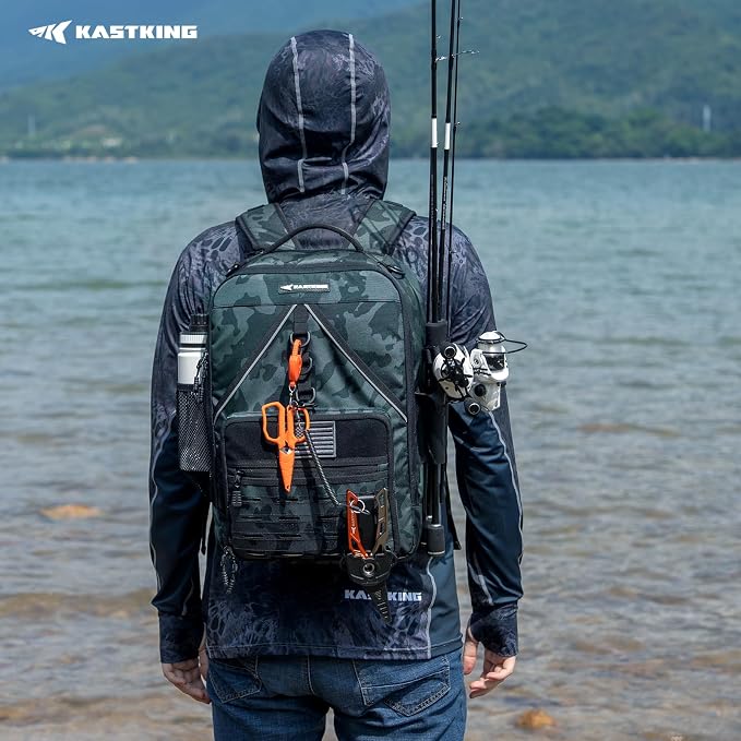 KastKing KarryAll KastMate Fishing Tackle Backpack,Water-Resistant Tackle Bag With 2 Rod Holders,Fishing Gear and Equipment With Large Gear Storage,Black Camo