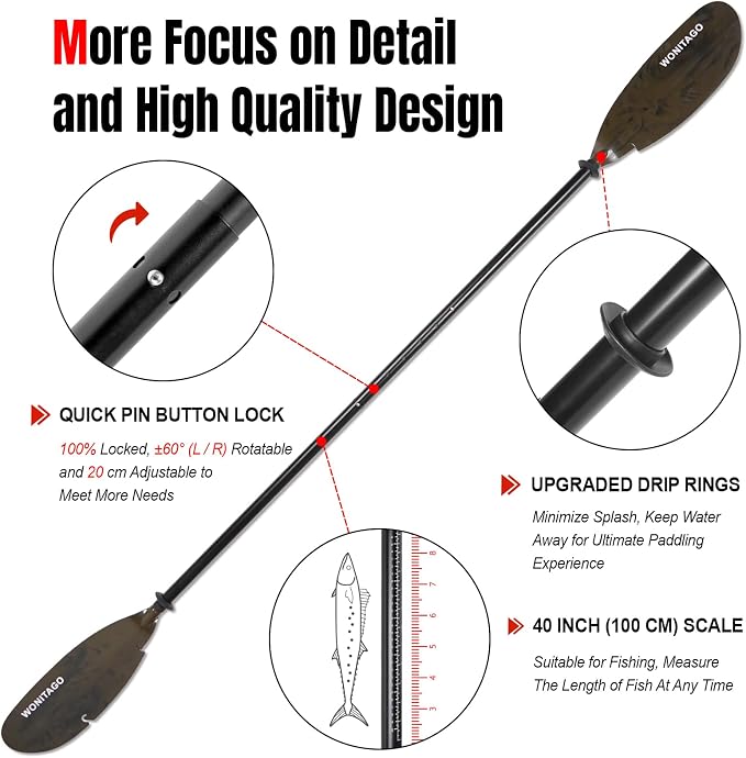 Angler Kayak Paddles Aluminum Paddle with Plastic Blades and Paddle Leash, Floating Adjustable Fishing Kayak Oars, 3 Piece, 230-250cm/90-98 inch