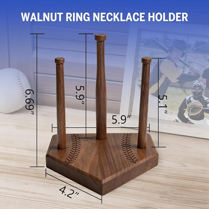 Walnut Wooden Baseball Ring Holder, Softball Championship Ring Organizer Display, Solid Wood Baseball Ring Holder Gift for Boys Girls, Baseball Accessories Storage - Three Poles