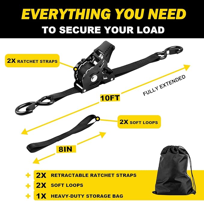 Retractable Ratchet Strap Heavy Duty 2 Pack 10 FT 1800 LB Break Strength Ratchet Tie Down with Safety Lock S Hooks and Soft Loop Tie Down,Easy Retract for Motorcycle,Truck Securing Cargo,Car.