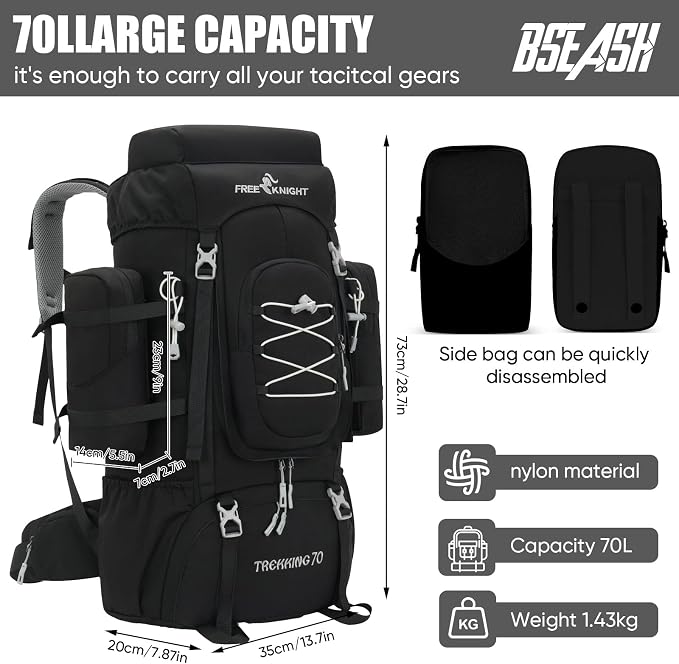 Bseash 70L (65+5) Waterproof Hiking Camping Backpack with Rain Cover, Outdoor Sport Travel Daypack for Climbing Touring (Black)