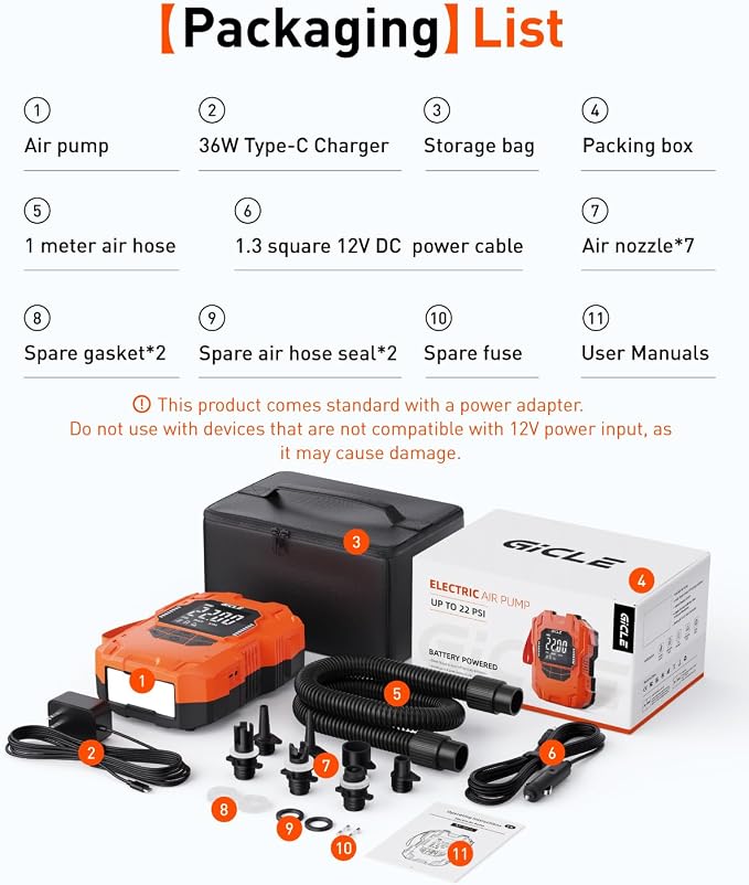 GICLE 22PSI Electric SUP Pump, Rechargeable Paddle Board Pump, Dual Power Battery & 12V Car Air Pump, Portable High Pressure Inflator with Auto Shut-Off & Fast Charging for SUP, Kayak, Inflatable Boat
