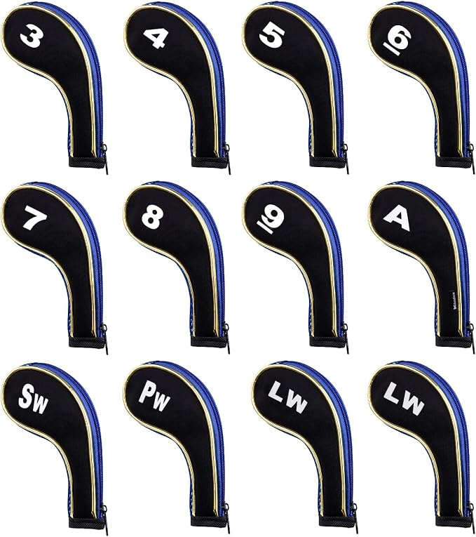 Andux Gold Golf Iron Club Head Covers No. on Both Sides Long Neck with Zipper 12pcs/Set